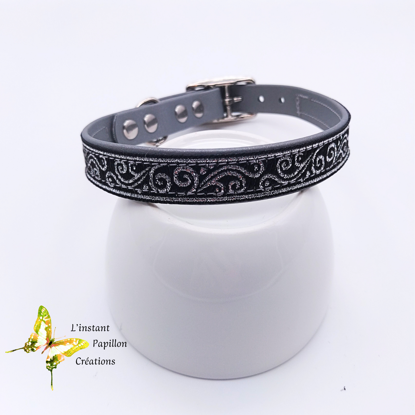 Collier Biothane® ruban argenté "LUXE"